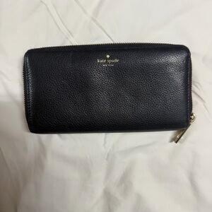 kate spade Black Pebbled Leather Zip Wallet with Gold Hardware